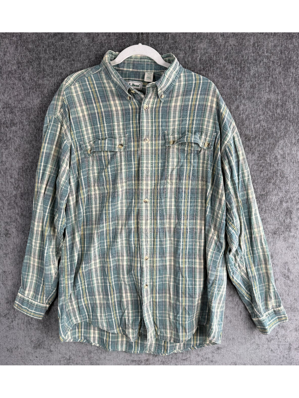 Vintage LL Bean Mens XL Tall Plaid Flannel Button Up Shirt Green Gray Cotton